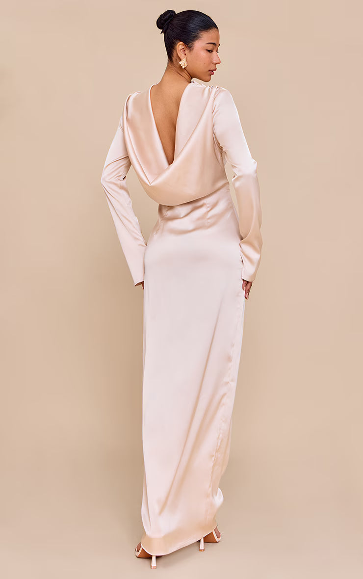 PLT Label Oyster Satin Cowl Back Maxi Dress