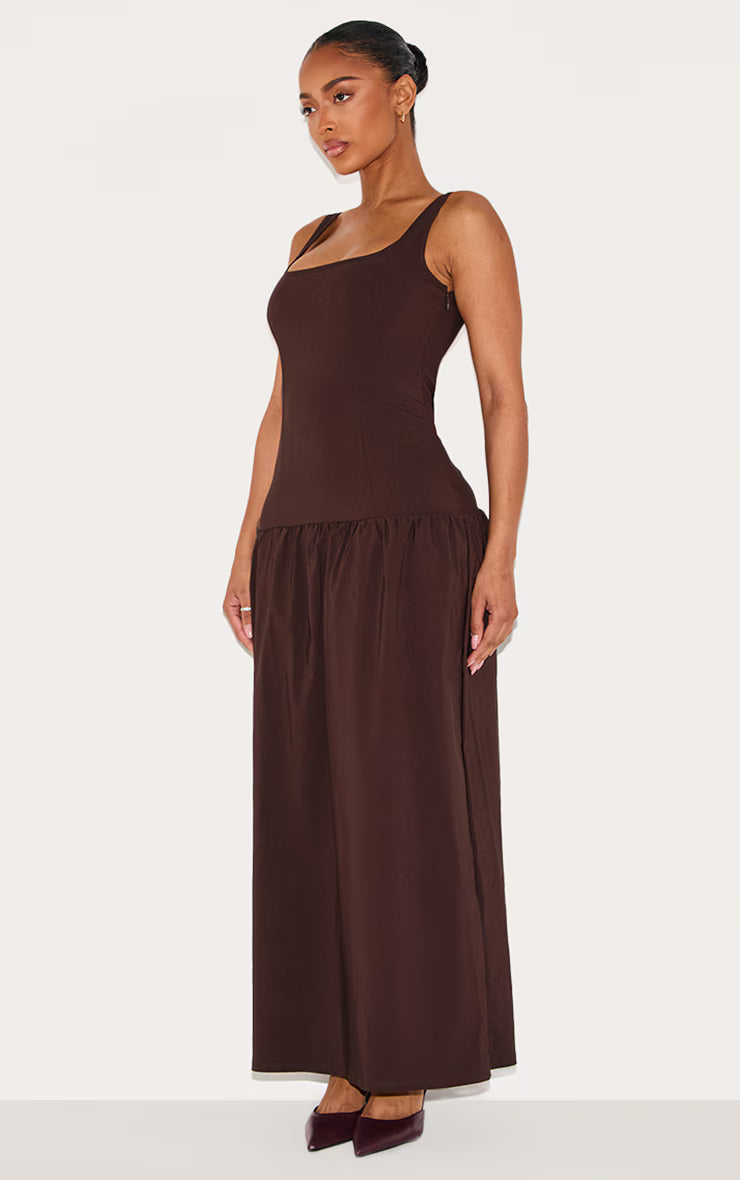 Shape Chocolate Stretch Woven Square Neck Dropped Hem Maxi Shift Dress