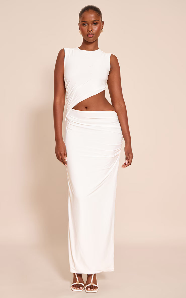 White Double Layer Slinky Cut Out Maxi Dress