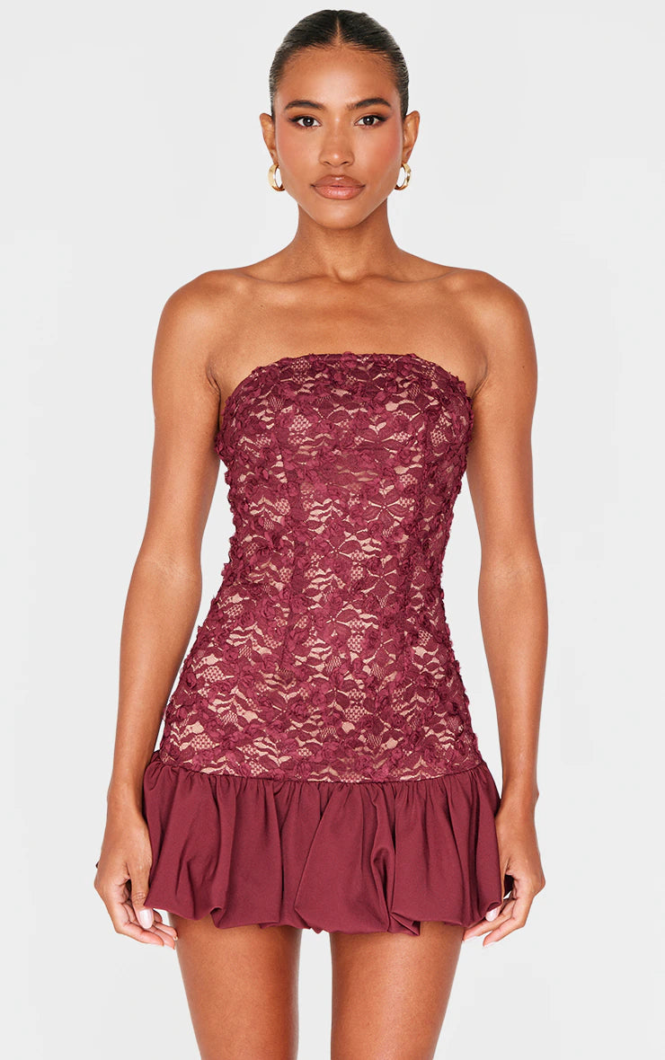 Burgundy Floral Textured Bandeau Puffball Hem Shift Dress