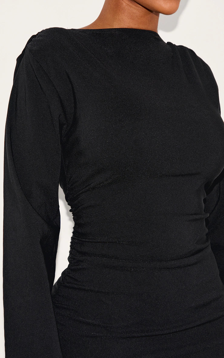 Shape Black Stretch Woven Boat Neck Ruched Waist Mini Dress