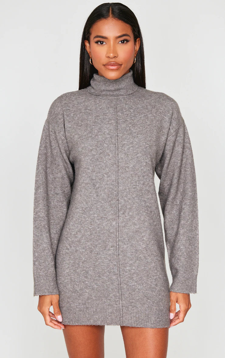 Charcoal Soft Knit Roll Neck Oversized Seam Detail Sweater Dress
