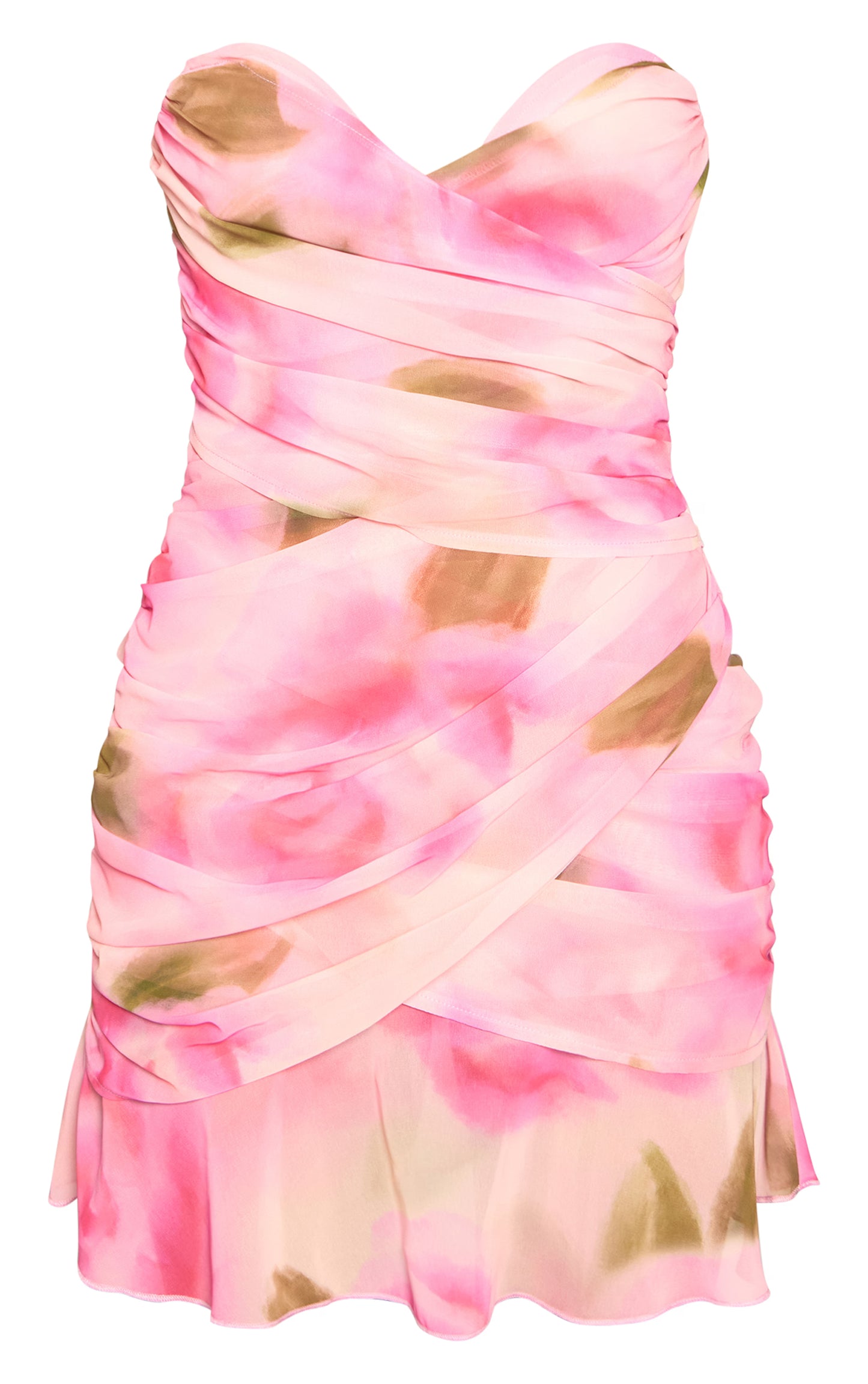 Pink Floral Chiffon Plunge Bandeau Wrap Mini Dress