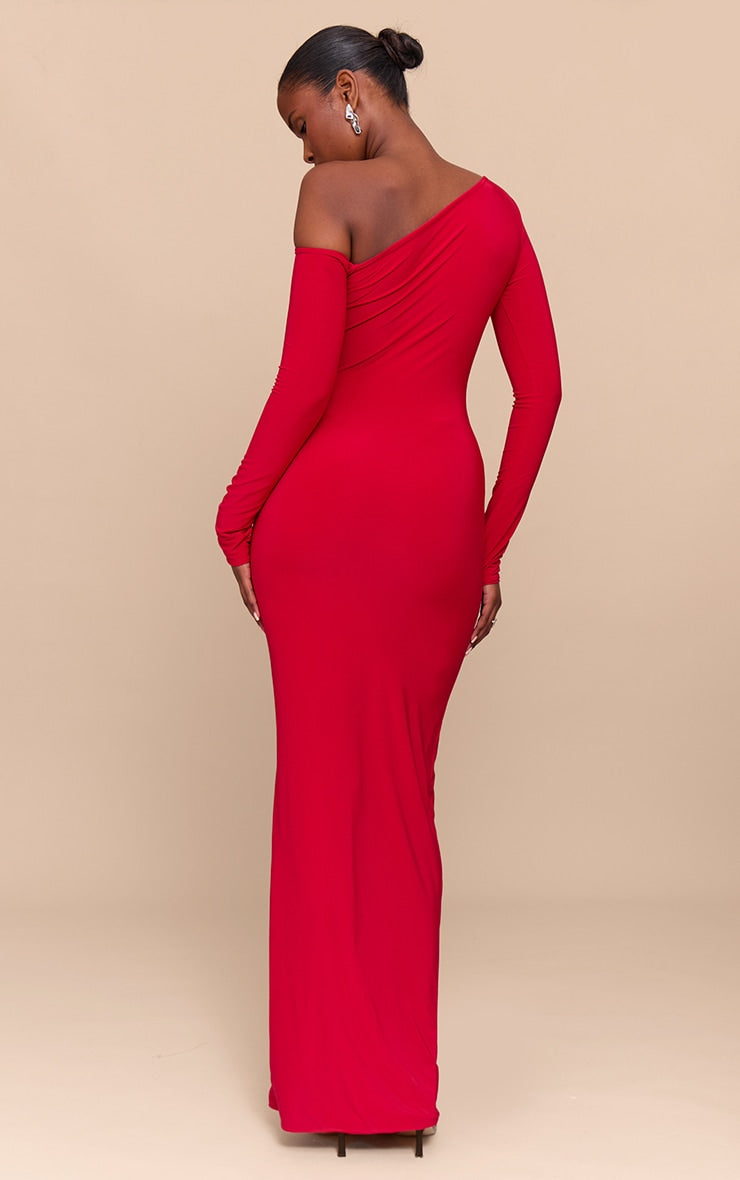 Red Double Slinky Asymmetric Neckline Maxi Dress