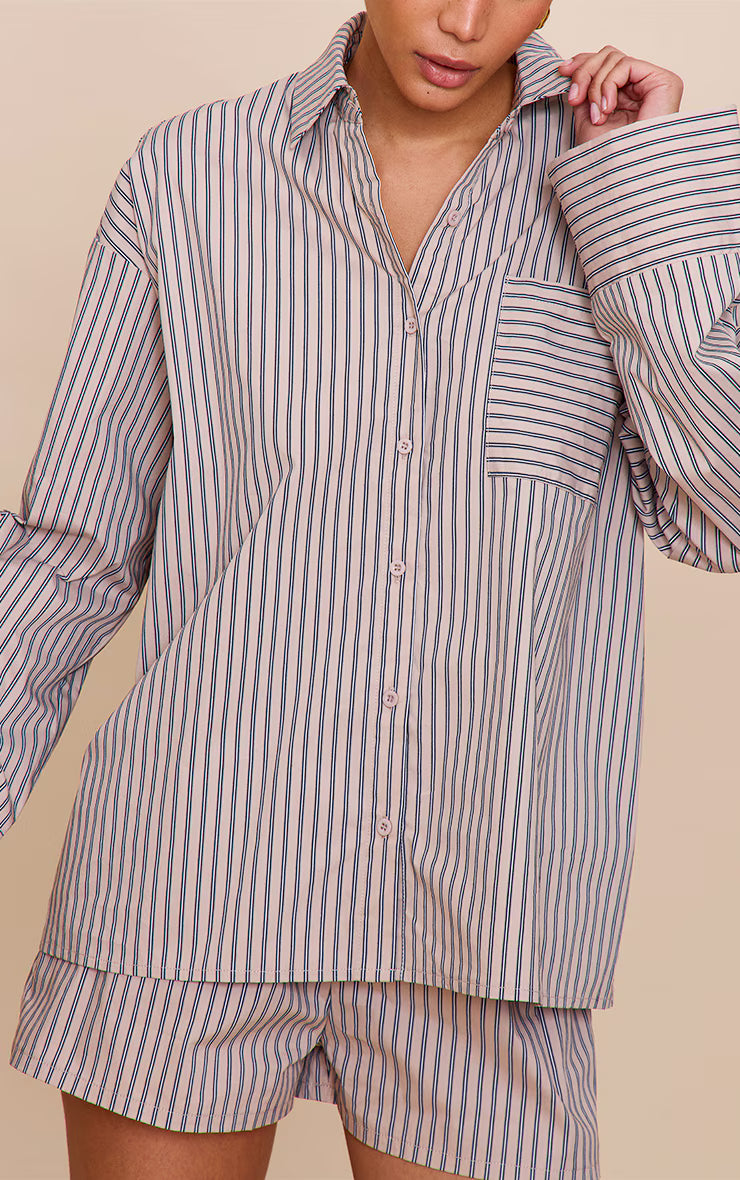 Stone Woven Pinstripe Balloon Sleeve Oversized Shirt
