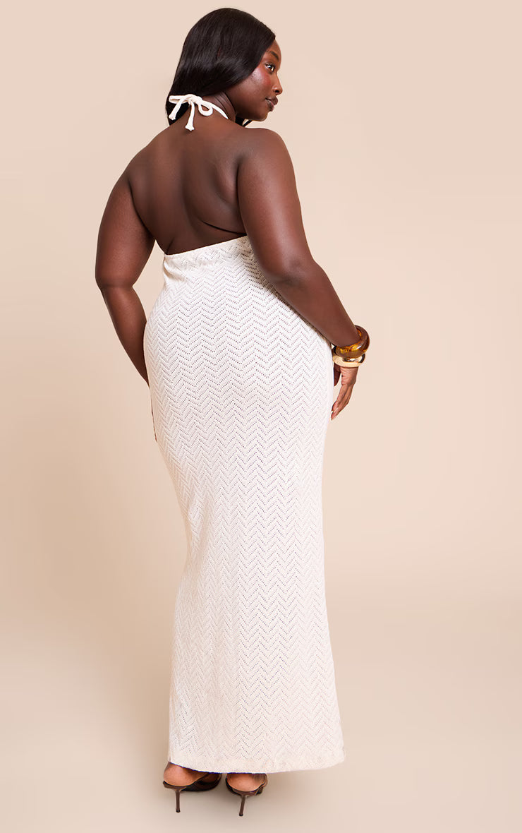 Plus Cream Textured Tie Halter Maxi Dress