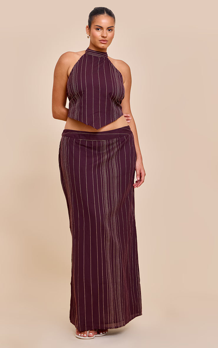 Plus Brown Stripe Embroidered Halterneck Top