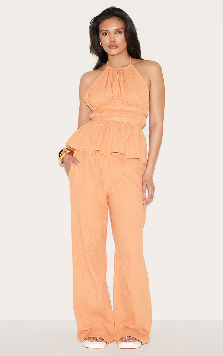 Apricot Cheesecloth Halterneck Sleeveless Backless Top