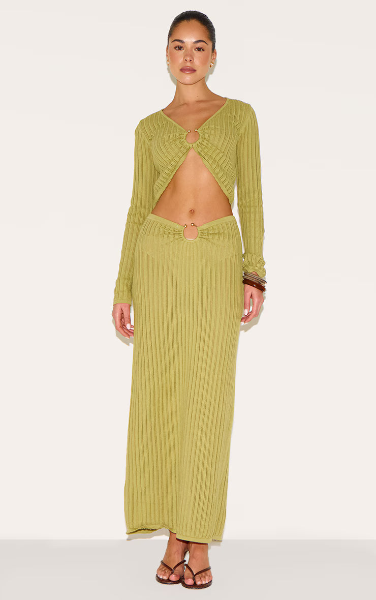 Olive Pointelle Knit Trim Detail Long Sleeve Top