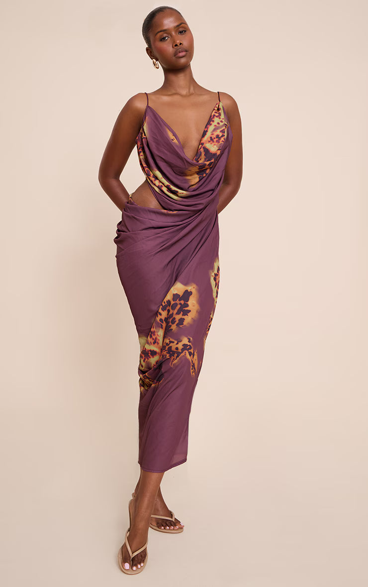 Purple Floral Chiffon Drape Cut Out Midaxi Dress