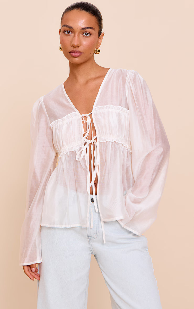 Cream Chiffon Tie Front Ruched Blouse