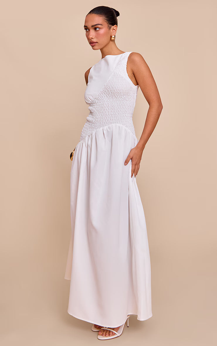 White Shirred Detail Sleeveless Maxi Dress