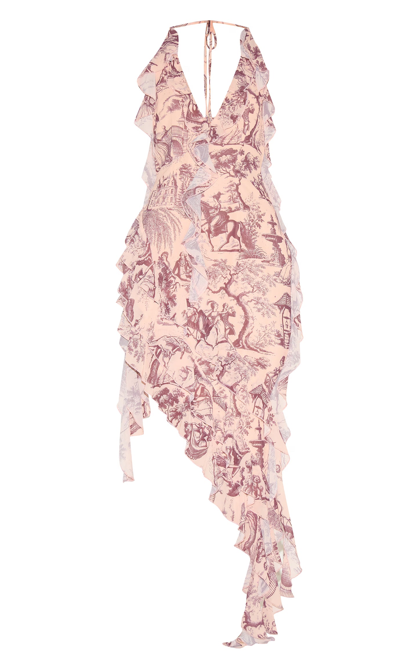 Stone Chiffon Print Frill Detail Plunge Midaxi Dress