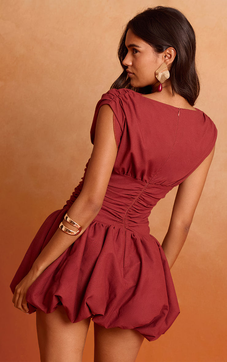 Deep Red Boat Neck Ruched Detail Puffball Dress