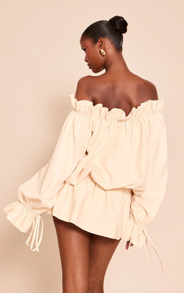 Cream Woven Tie Detail Bandeau Long Sleeve Mini Dress