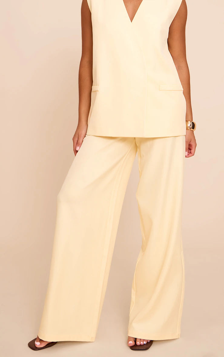 Butter Yellow Woven Extreme Wide Leg Pleated Mid Rise Wide Leg Pants