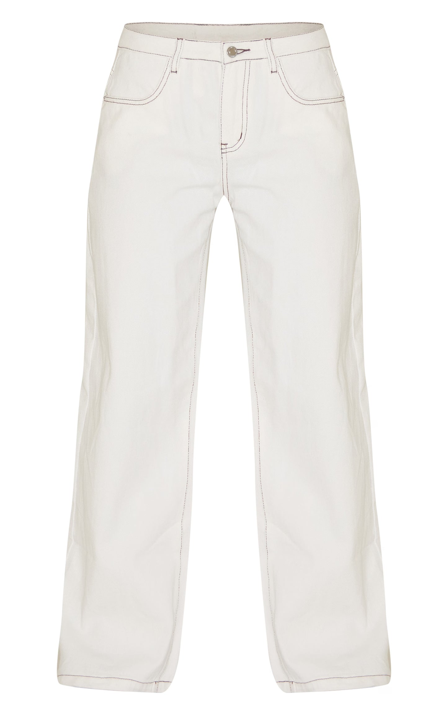 White Contrast Stitch Mid Waist Wide Leg Jeans
