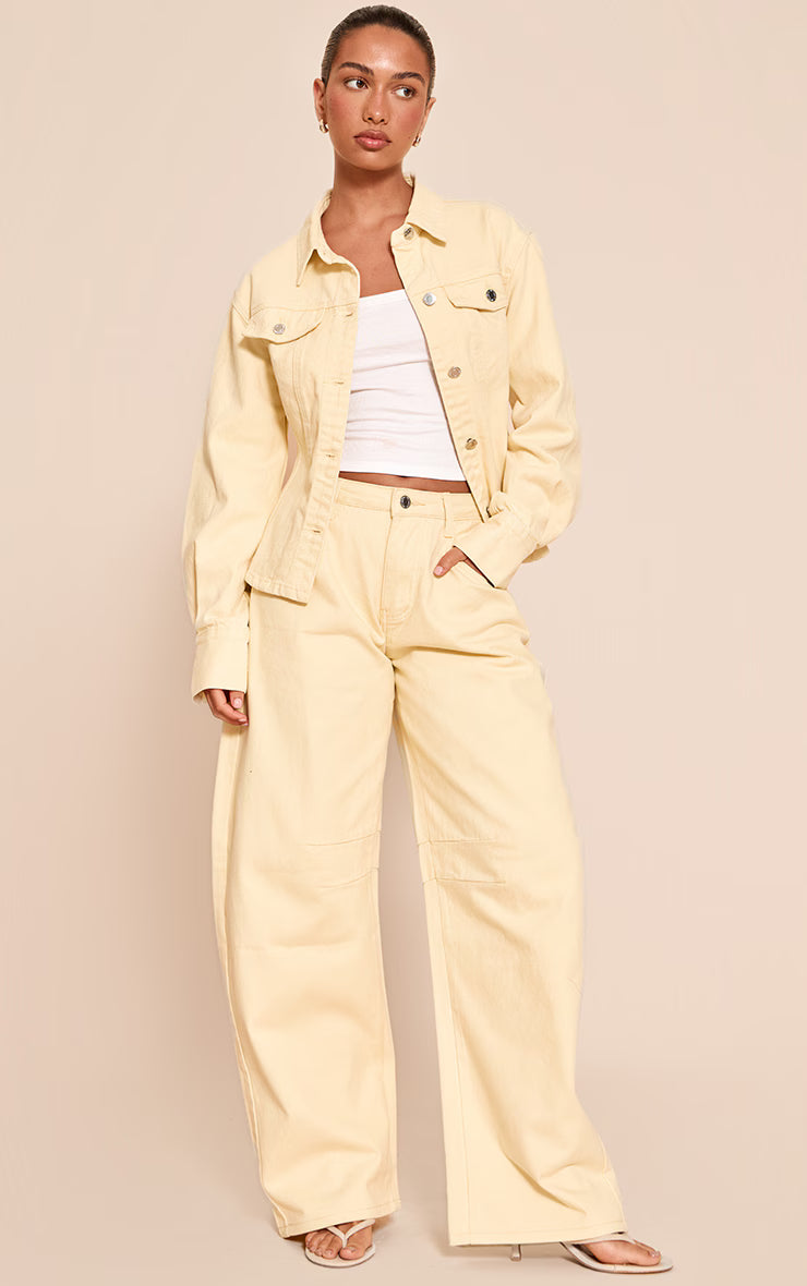 Butter Cream Long Sleeved Cinched Waist Denim Shirt