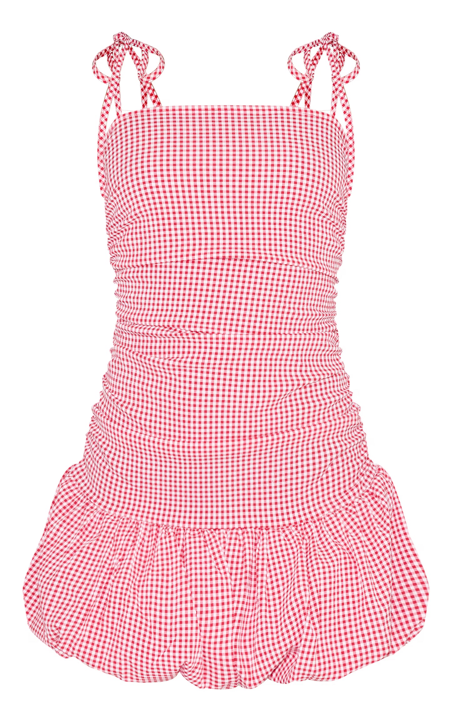 Red Check Ruched Detail Strappy Puffball Dress