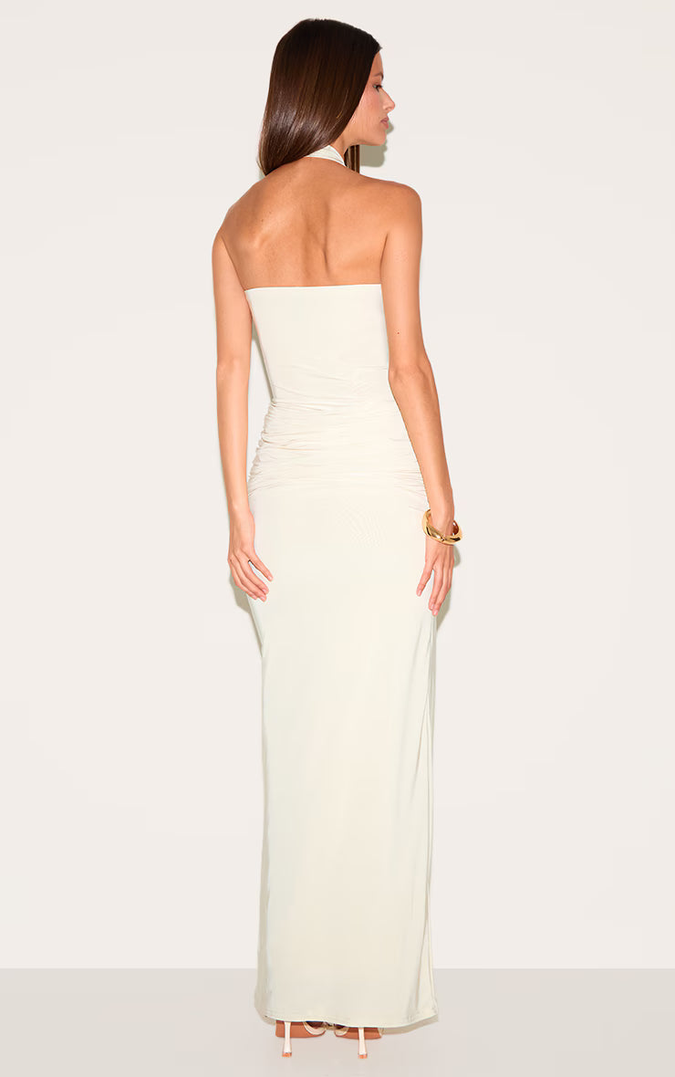 Cream Double Layer Slinky Square Halterneck Drape Detail Maxi Dress