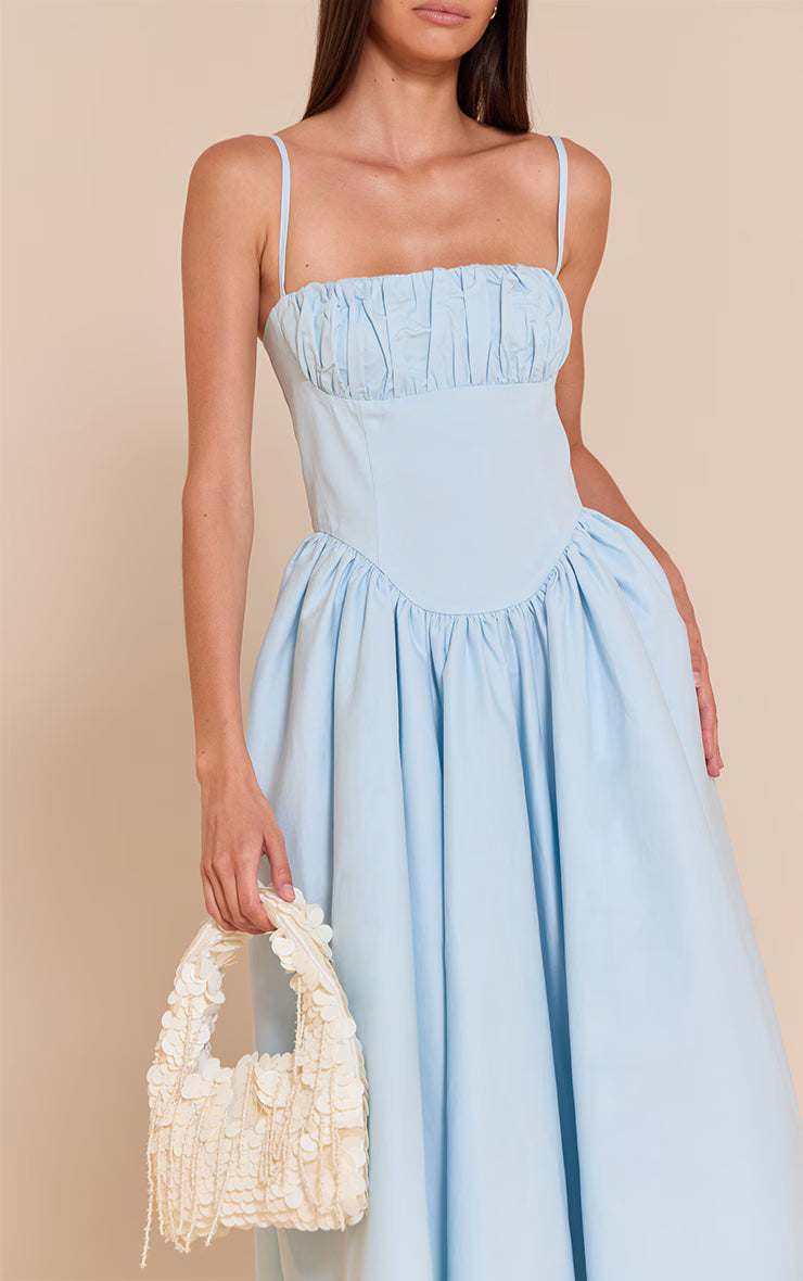 Light Blue Ruched Bust Corset Strappy Midaxi Dress