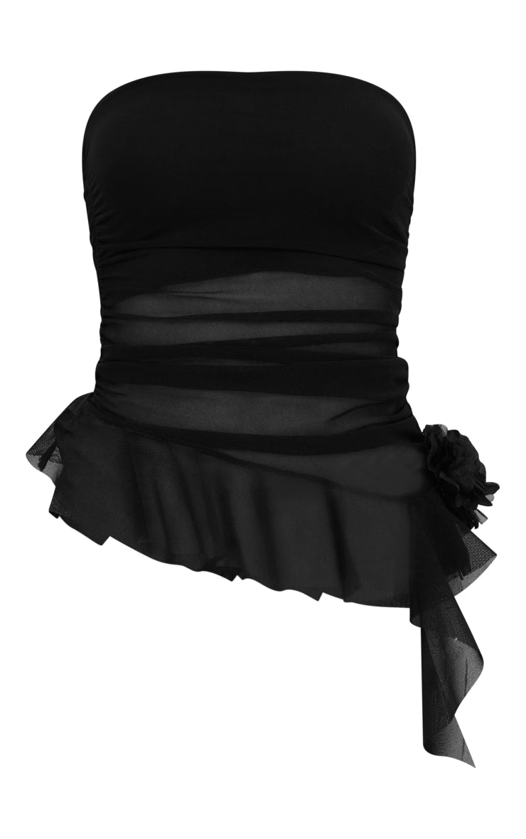 Black Mesh Long Line Floral Frill Bandeau Top