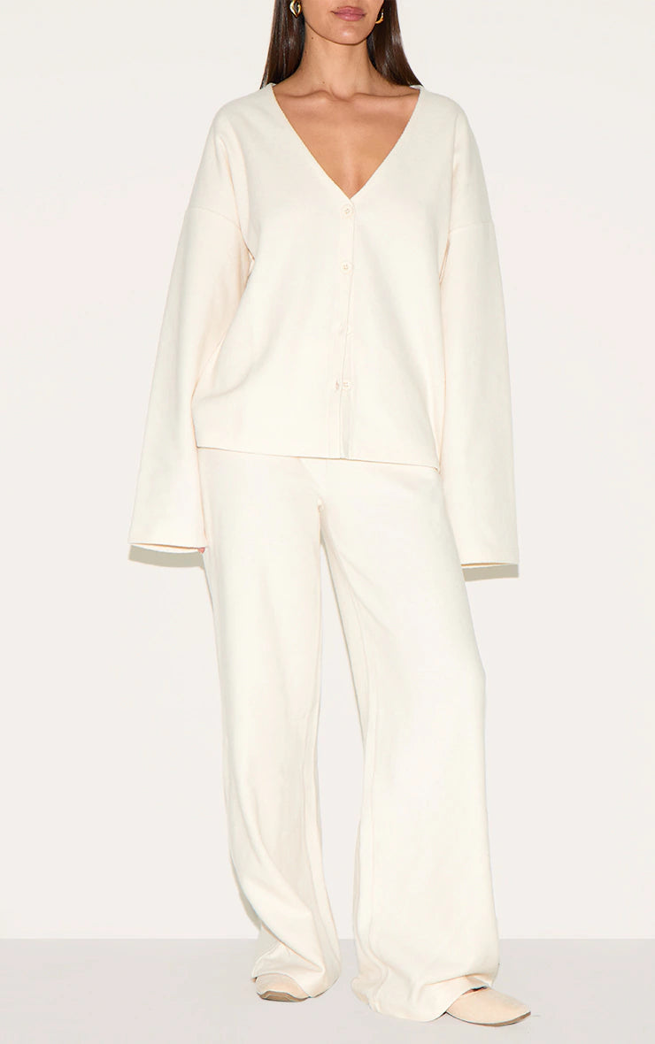 Cream Heavy Brushed Rib Slouchy Wide Leg Pant