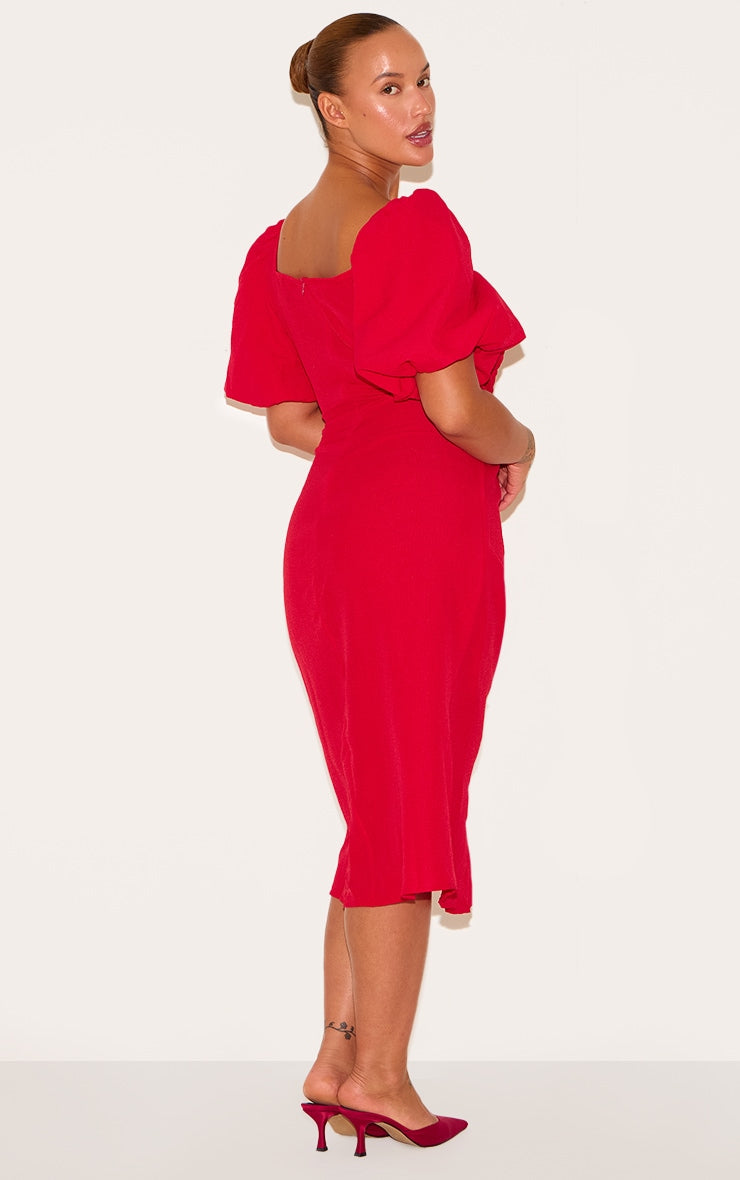 Plus Red Puff Sleeve Ruched Split Side Midi Dress