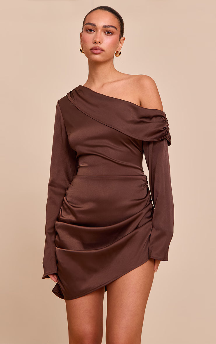 Chocolate Satin One Shoulder Drape Bodycon Dress