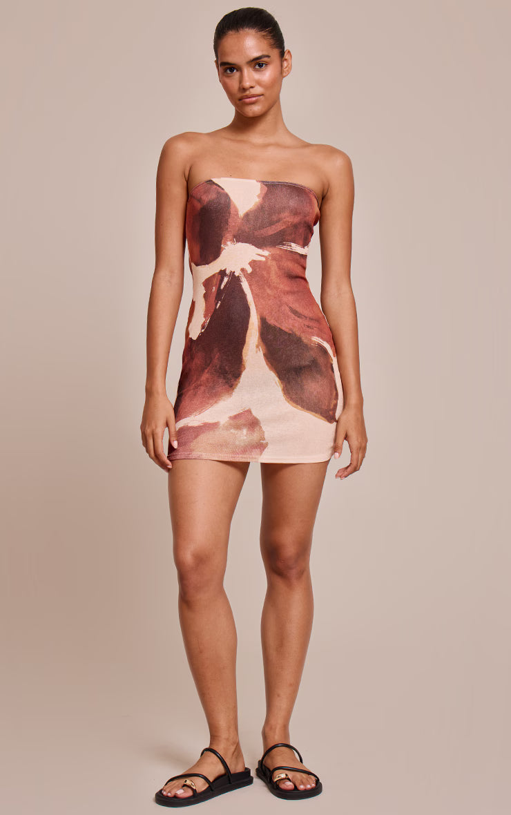 Chocolate Floral Abstract Printed Onion Skin Bandeau Mini Dress