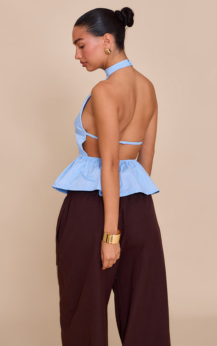 Blue Cotton Highneck Backless Long Top