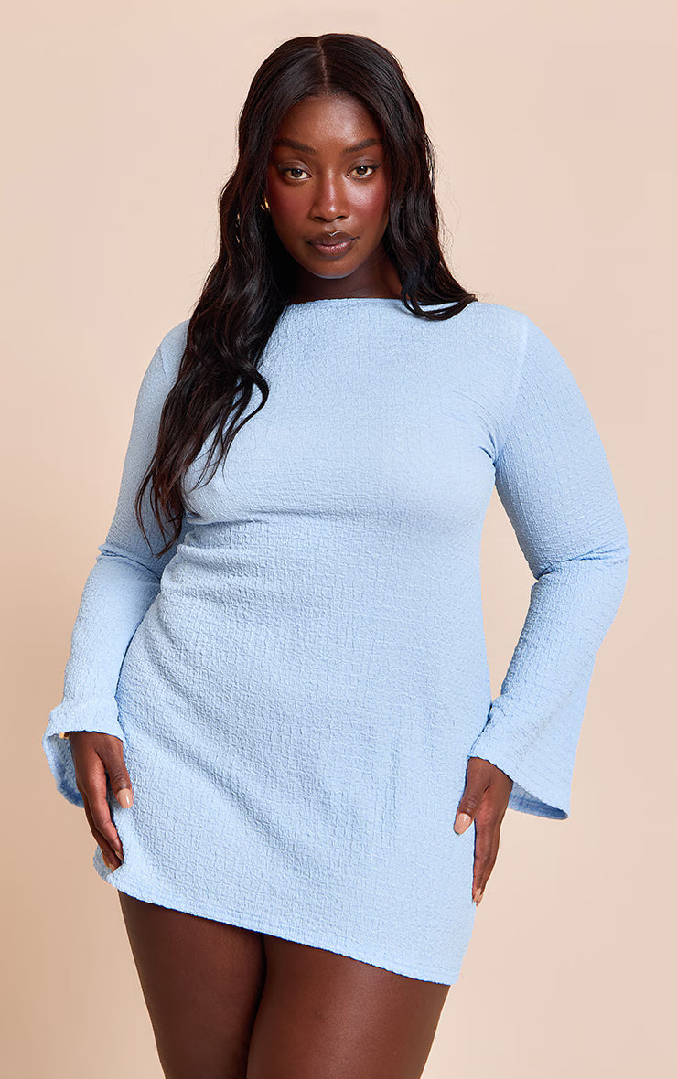 Plus Light Blue Textured Boat Neck Long Sleeve Shift Dress