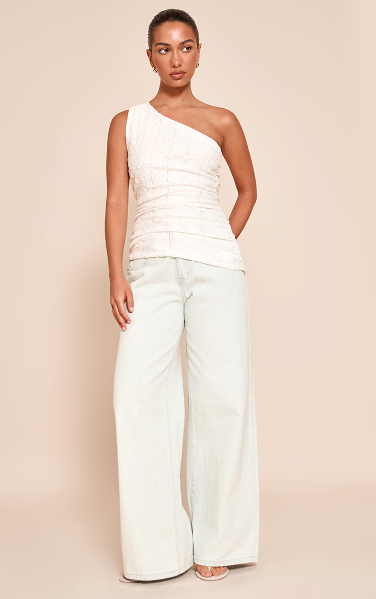 White Crochet Textured One Shoulder Ruched Top