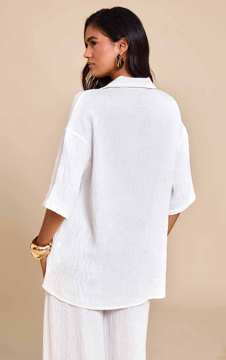 White Textured Woven Oversized Short Sleeve Shirt