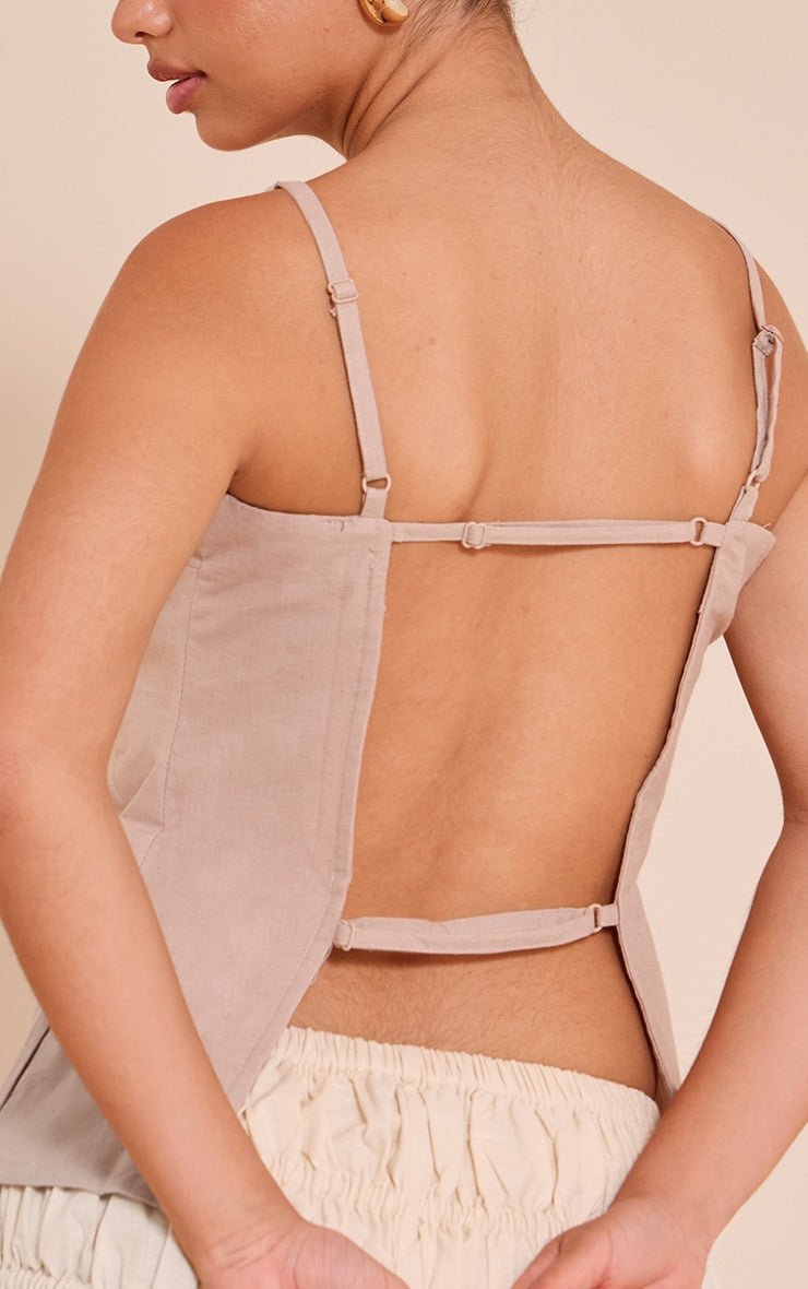 Taupe Linen Blend Back Detail Long Cami Top