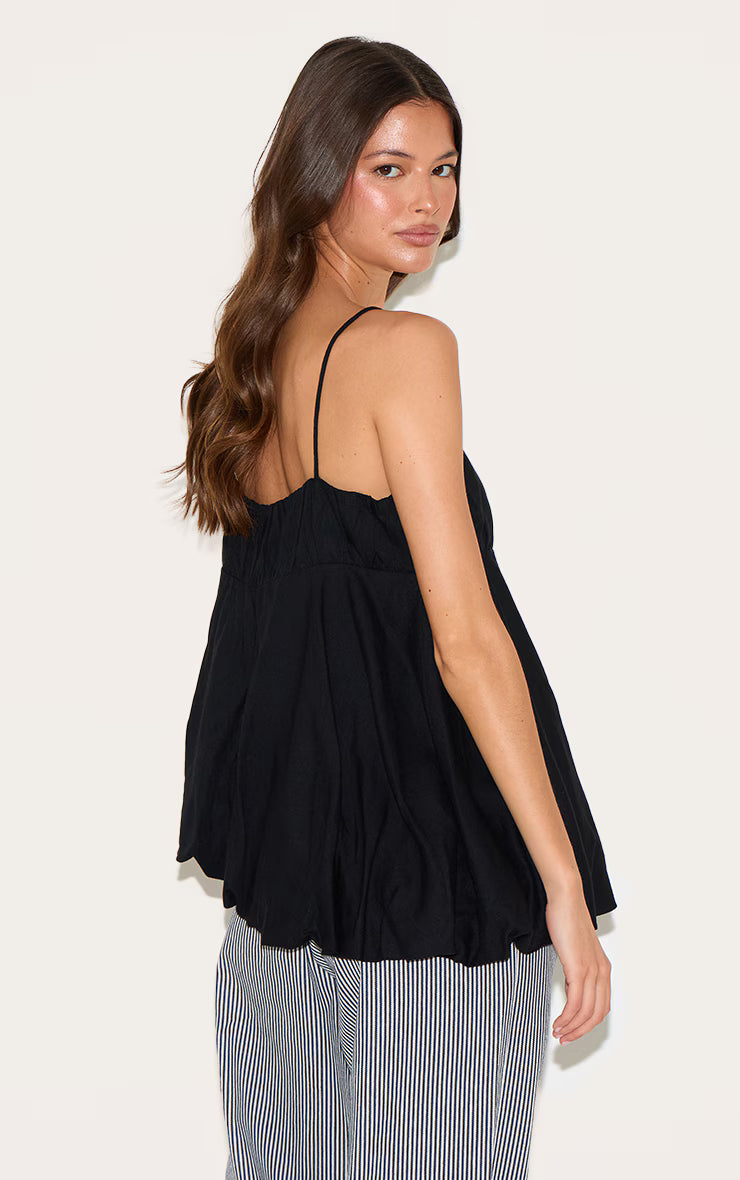 Black Linen Blend Puff Ball Asymmetric Cami