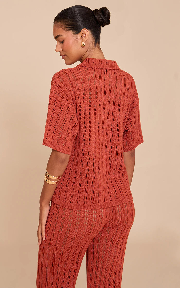 Rust Crochet Rugby Knit Top