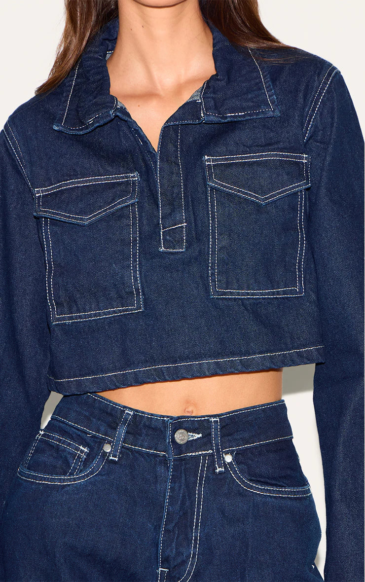 Indigo Contrast Stitch Seam Detail Cropped Denim Shirt