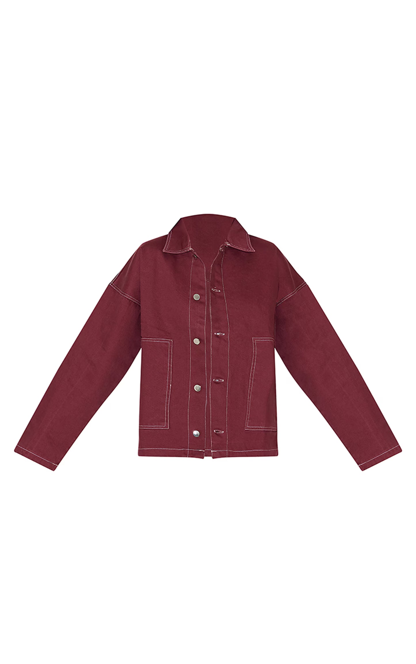 Burgundy Contrast Stitch Pocket Patch Detail Denim Shirt