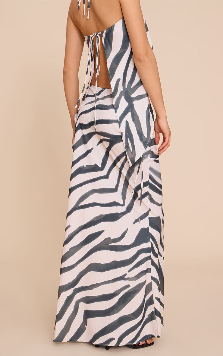 Zebra Print Floaty Woven Tie Side Low Rise Maxi Skirt