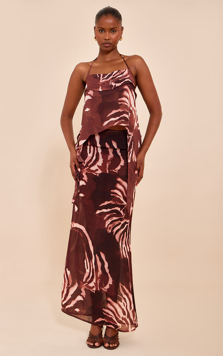 Brown Chiffon Floral Halterneck Strappy Top