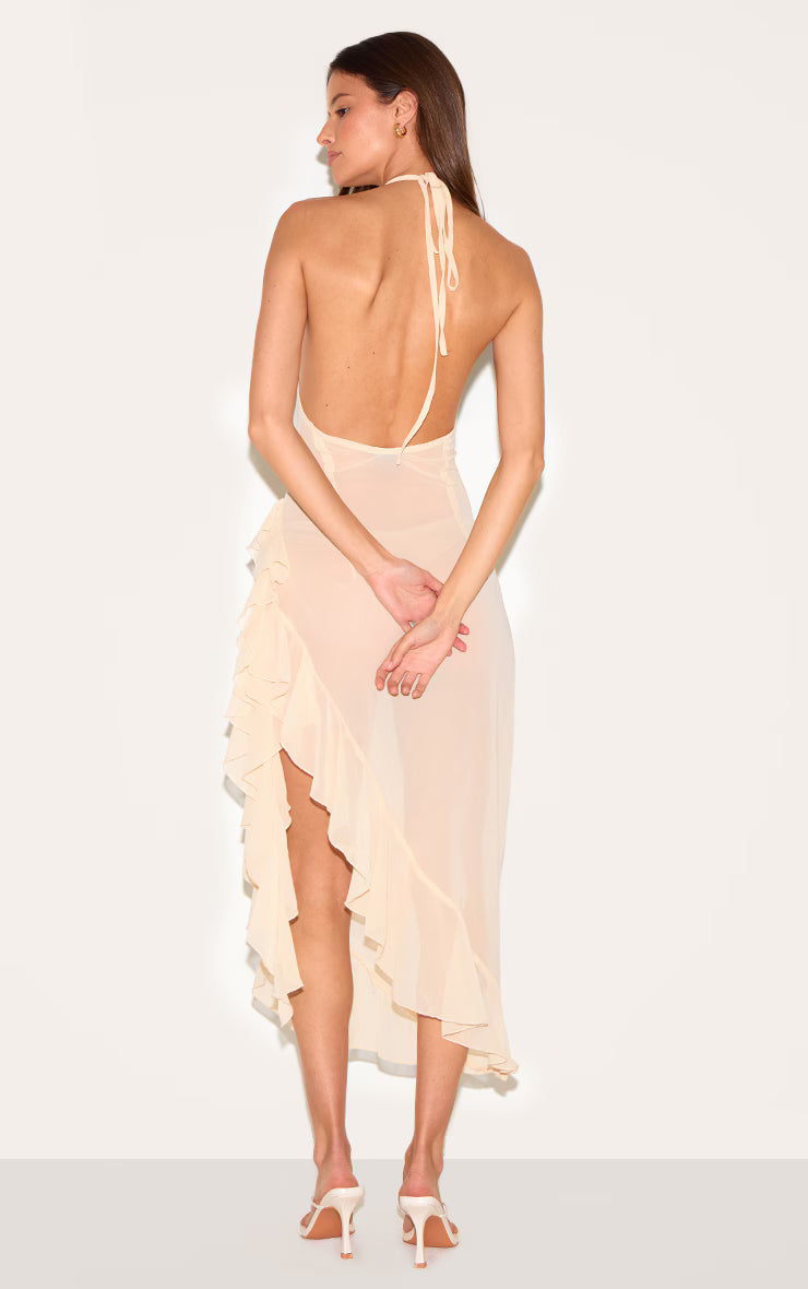 Natural Cowl Ruffle Split Detail Maxi Dress