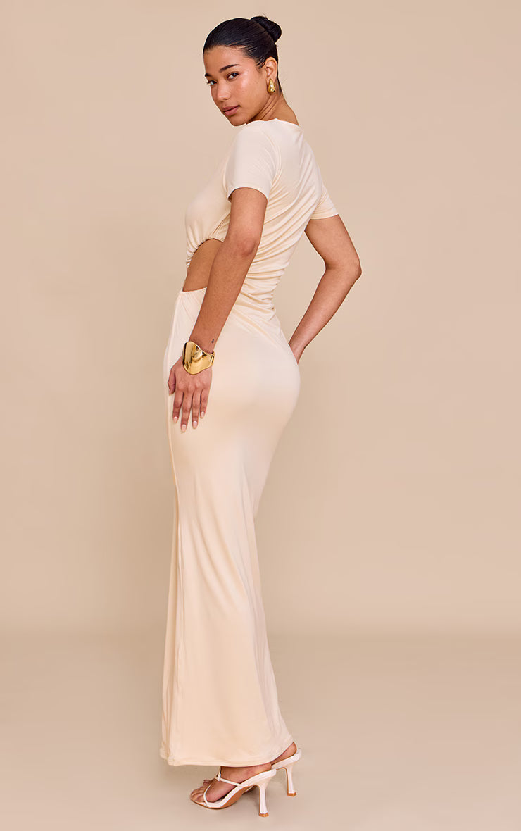 Cream Double Layer Soft Touch Cut Out Ruched Detail Maxi Dress
