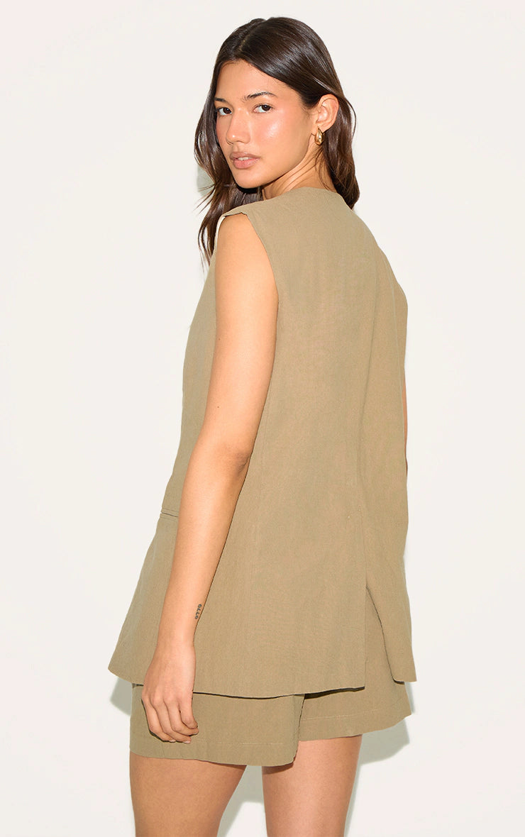 Sage Khaki Linen Look Longline Vest