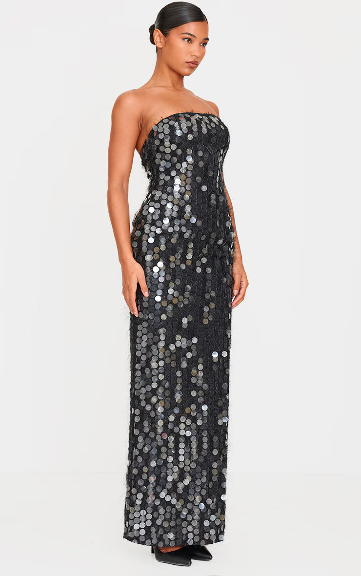 Black Textured Disk Sequin Maxi Dress