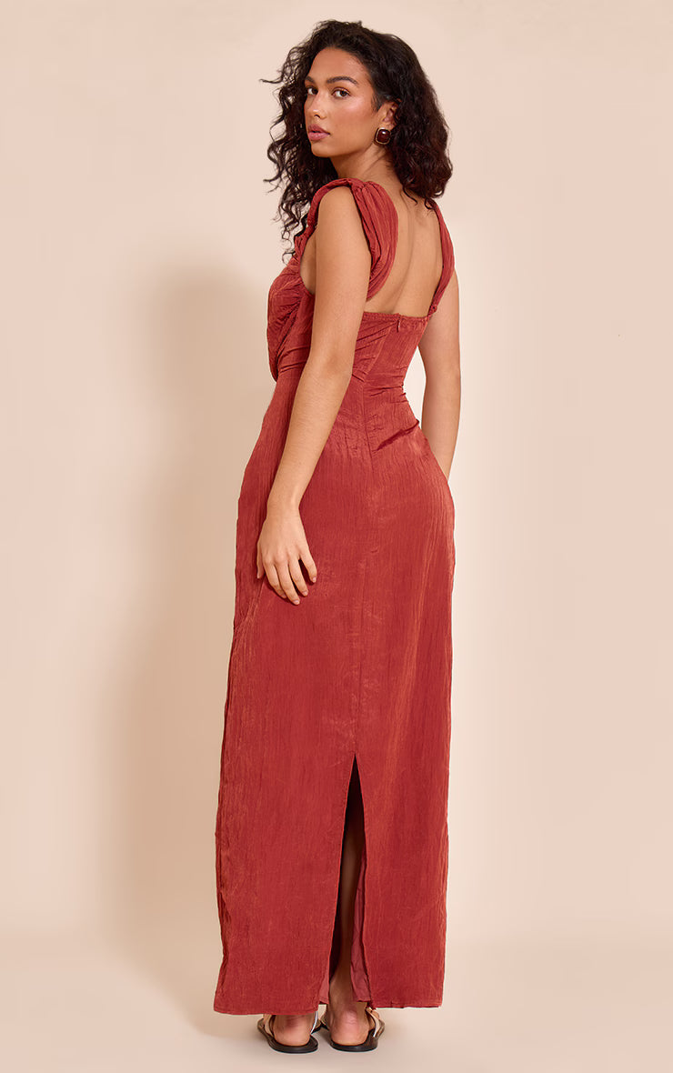 Rust Textured Knot Strap Detail Maxi Dress