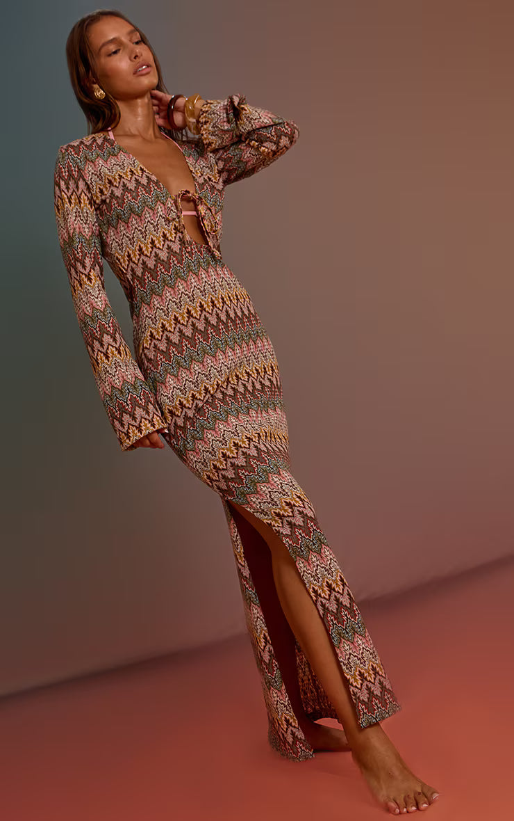 Multi Jacquard Long Sleeve Beach Maxi Dress