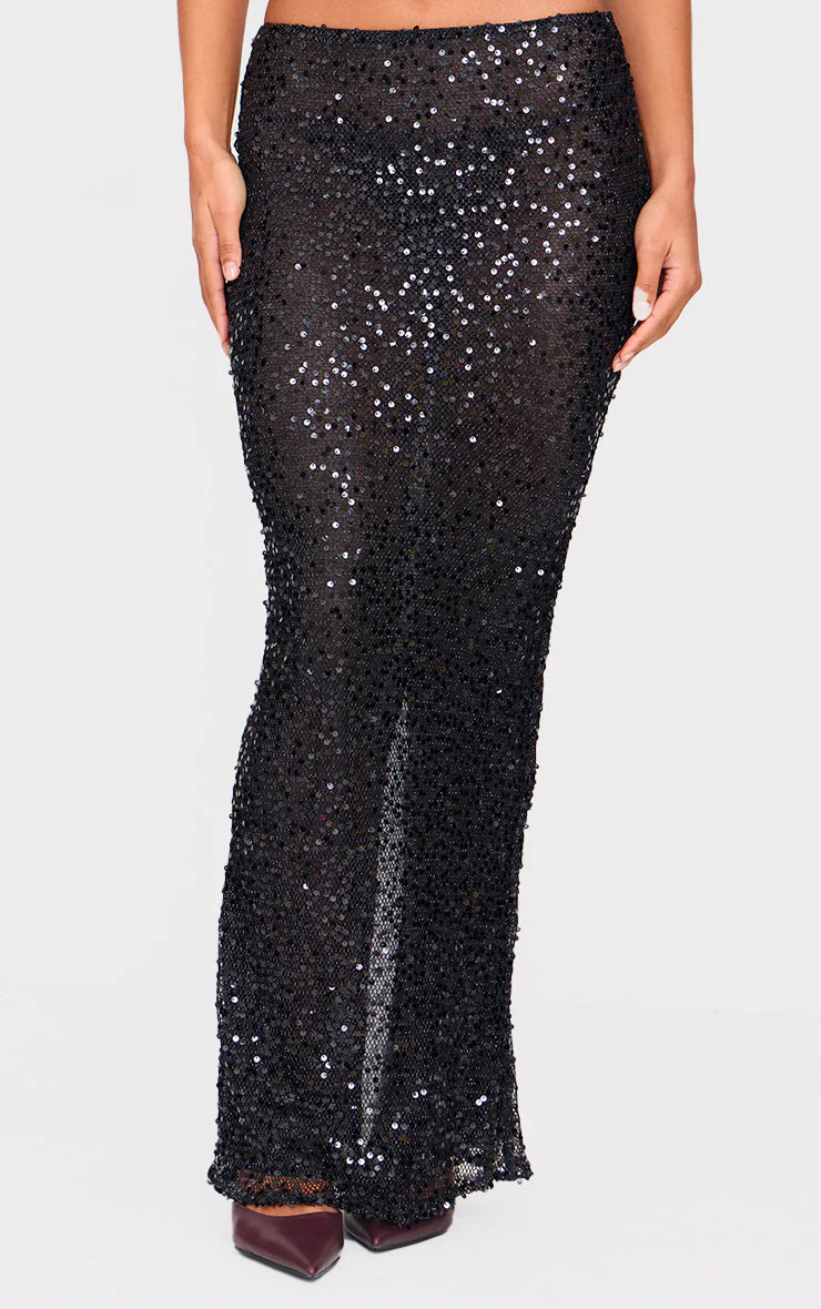 Black Sequin Textured Mid Rise Maxi Skirt