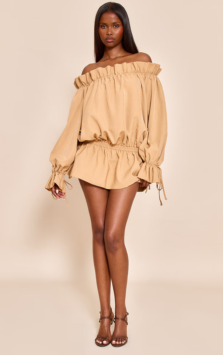 Mustard Woven Tie Detail Bandeau Long Sleeve Mini Dress