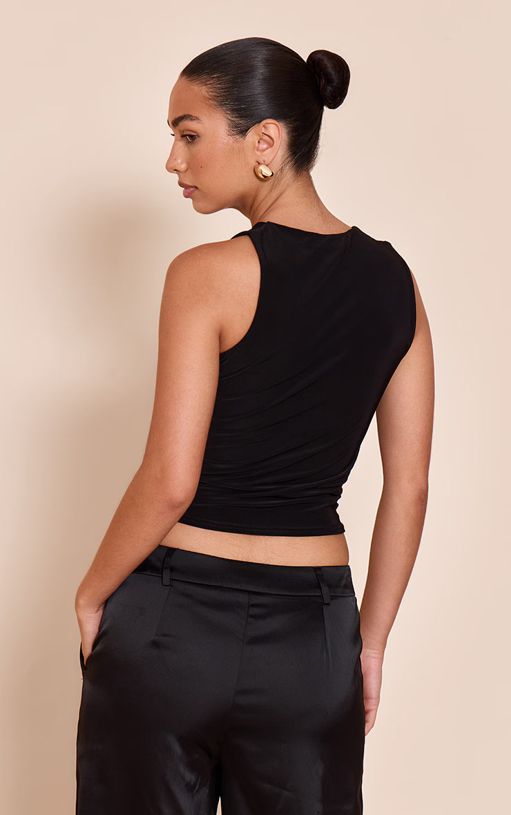 Black Double Layer Slinky Trim Detail Long Vest Top